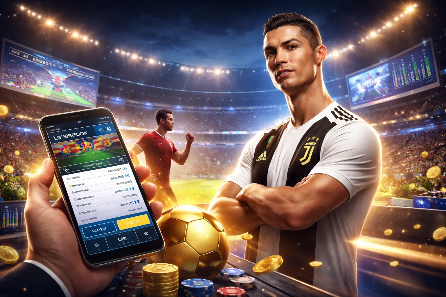 Sân vận động với ánh đèn rực rỡ và logo 365 slot